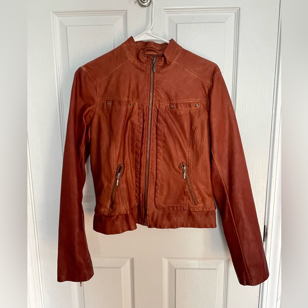Bernardo Brown Leather Jacket with Stand-Up Collar and Cropped Design